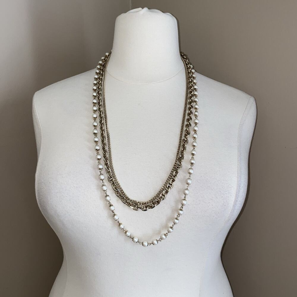 Ann Taylor Multi Strand Faux Pearl Gold Tone Chainlink Statement Necklace 30”